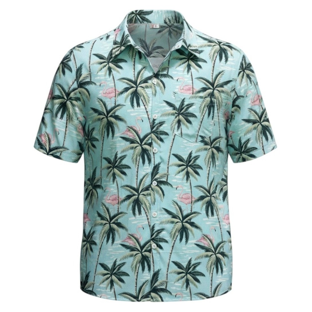 New SHEIN Mens 2XL Button Down Hawaiian Shirt Light Blue‎ Flamingo Palm Tropical